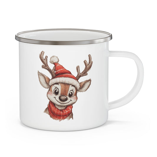 Christmas Enamel Mug with Reindeer - Gift for Family, Camping Accessories for Travel