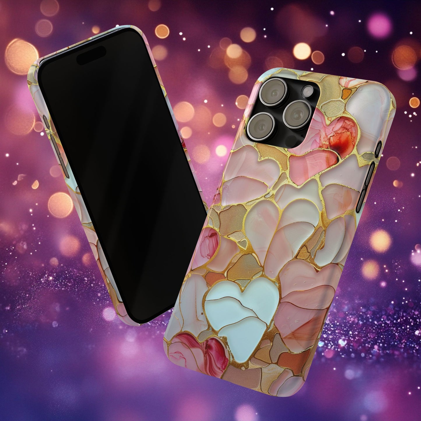 Celestial Stained Glass iPhone case for 17, 16, 15 Marble Heart Case Pink Phone Cover Shiny Gold Case Valentine Gift