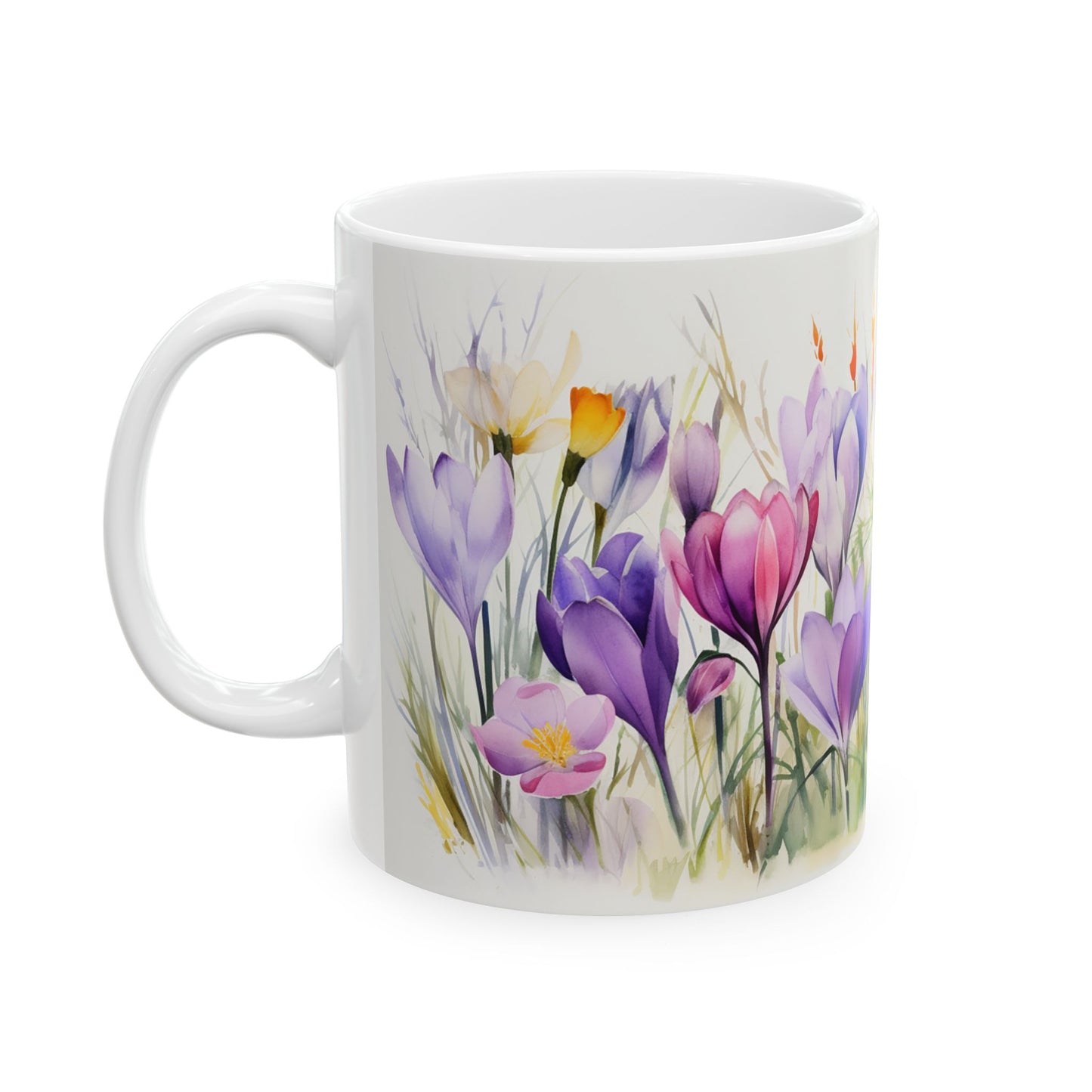Spring Crocus Mug - Bloom Crocuses Floral Coffee Mug, Purple Pink Flowers Mug for Her, Botanical Tea Cup