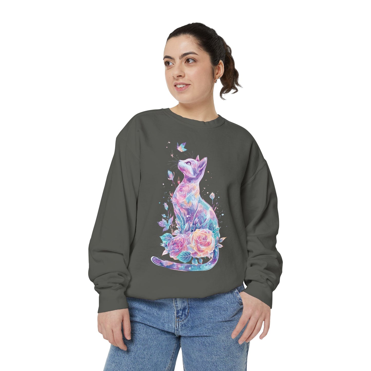Colorful Cat Sweatshirt Comfort Colors, Galaxy Floral Cat Crewneck, Cute Cat Lover Gift, Pastel Aesthetic Pullover, Cozy Graphic Cat Jumper