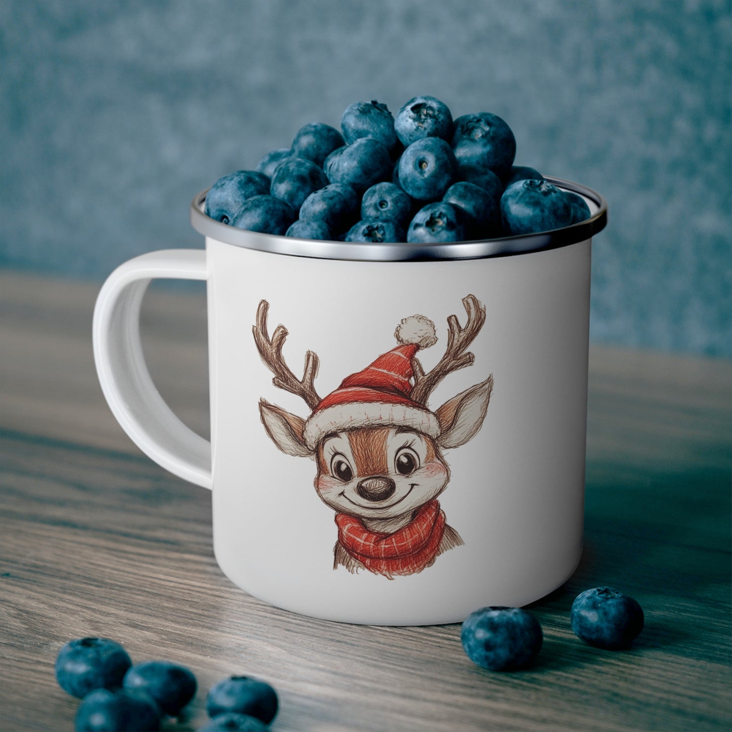Christmas Enamel Mug with Reindeer - Gift for Family, Camping Accessories for Travel