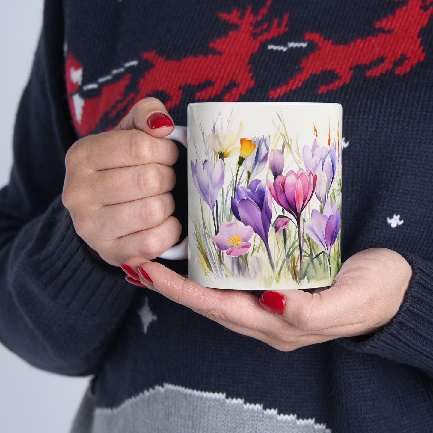 Spring Crocus Mug - Bloom Crocuses Floral Coffee Mug, Purple Pink Flowers Mug for Her, Botanical Tea Cup