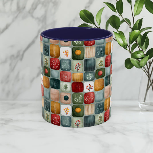 Boho Coffee Mug - Folk Art Flower Pattern Ceramic Cup, Nature Tile Design, Cozy Vibes, Tribal Grid Layout, Gift for Her, Unique Cottagecore Mug