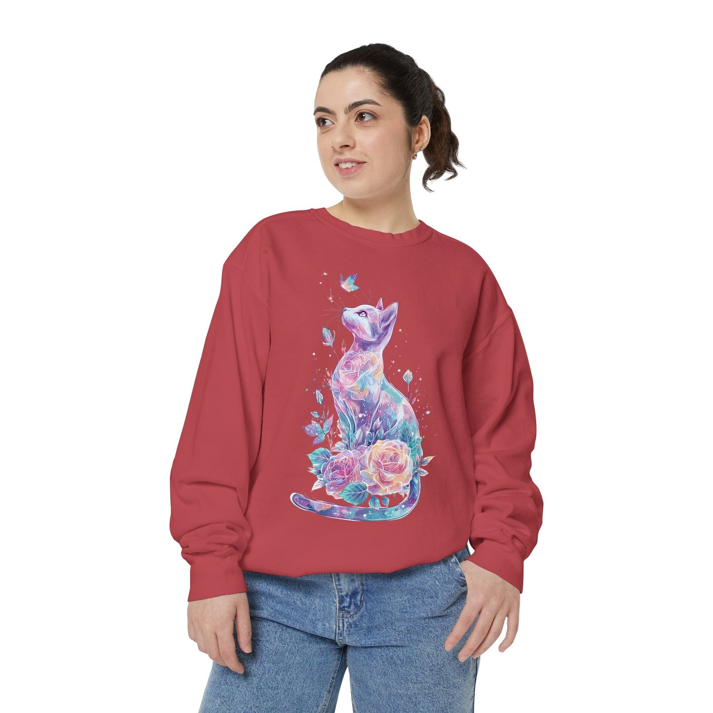 Colorful Cat Sweatshirt Comfort Colors, Galaxy Floral Cat Crewneck, Cute Cat Lover Gift, Pastel Aesthetic Pullover, Cozy Graphic Cat Jumper