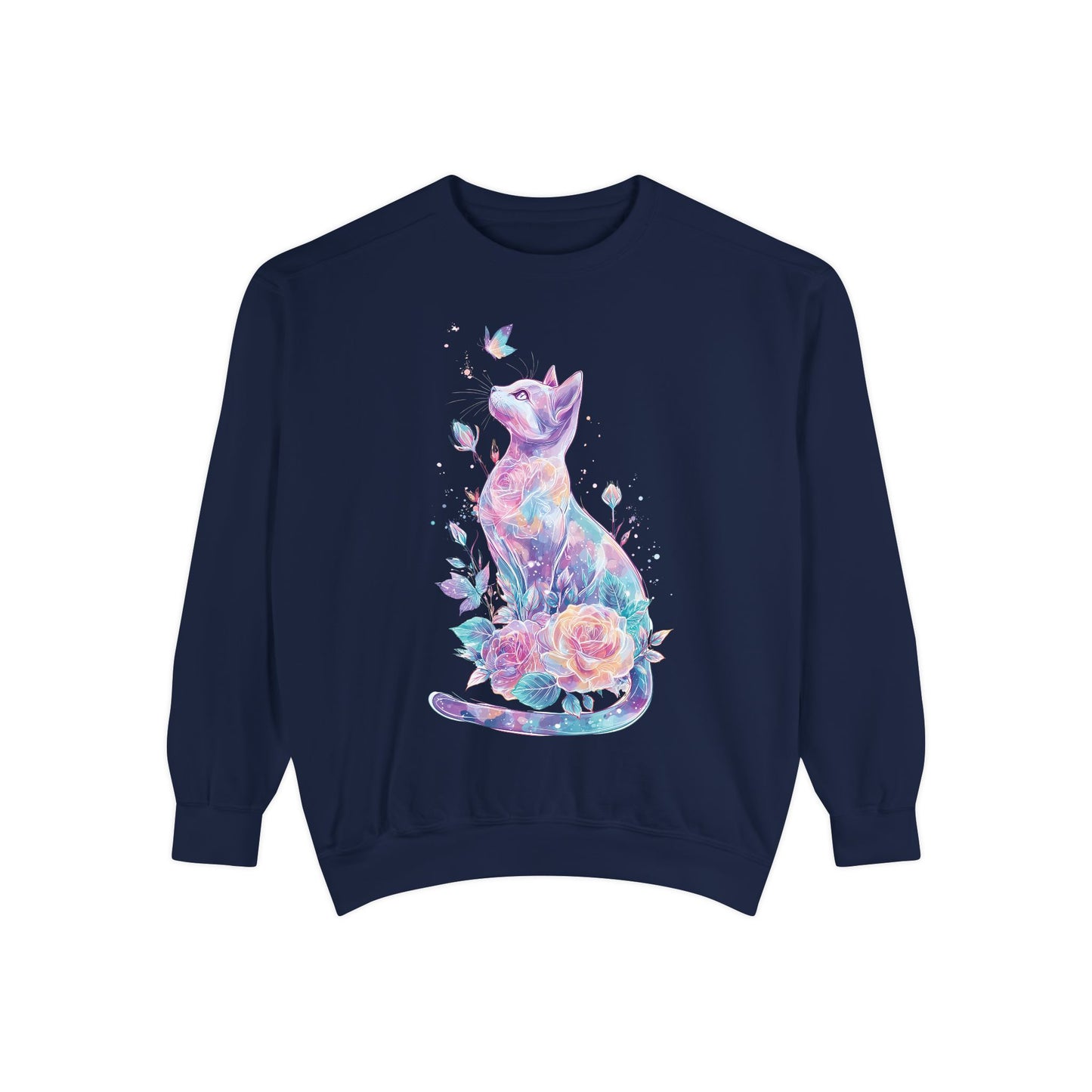 Colorful Cat Sweatshirt Comfort Colors, Galaxy Floral Cat Crewneck, Cute Cat Lover Gift, Pastel Aesthetic Pullover, Cozy Graphic Cat Jumper