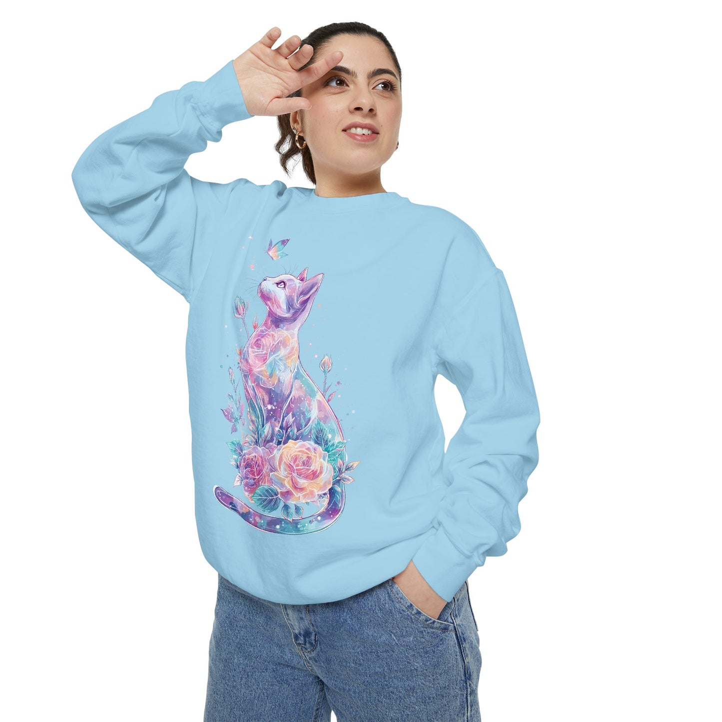 Colorful Cat Sweatshirt Comfort Colors, Galaxy Floral Cat Crewneck, Cute Cat Lover Gift, Pastel Aesthetic Pullover, Cozy Graphic Cat Jumper