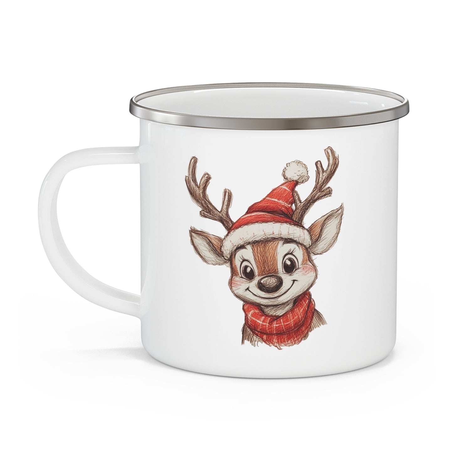 Christmas Enamel Mug with Reindeer - Gift for Family, Camping Accessories for Travel