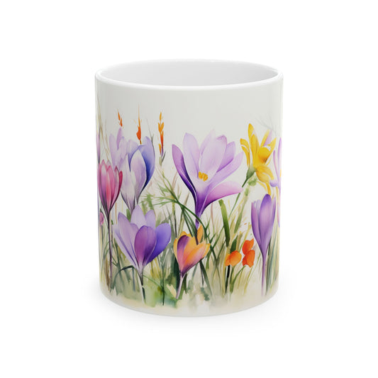 Spring Crocus Mug - Bloom Crocuses Floral Coffee Mug, Purple Pink Flowers Mug for Her, Botanical Tea Cup