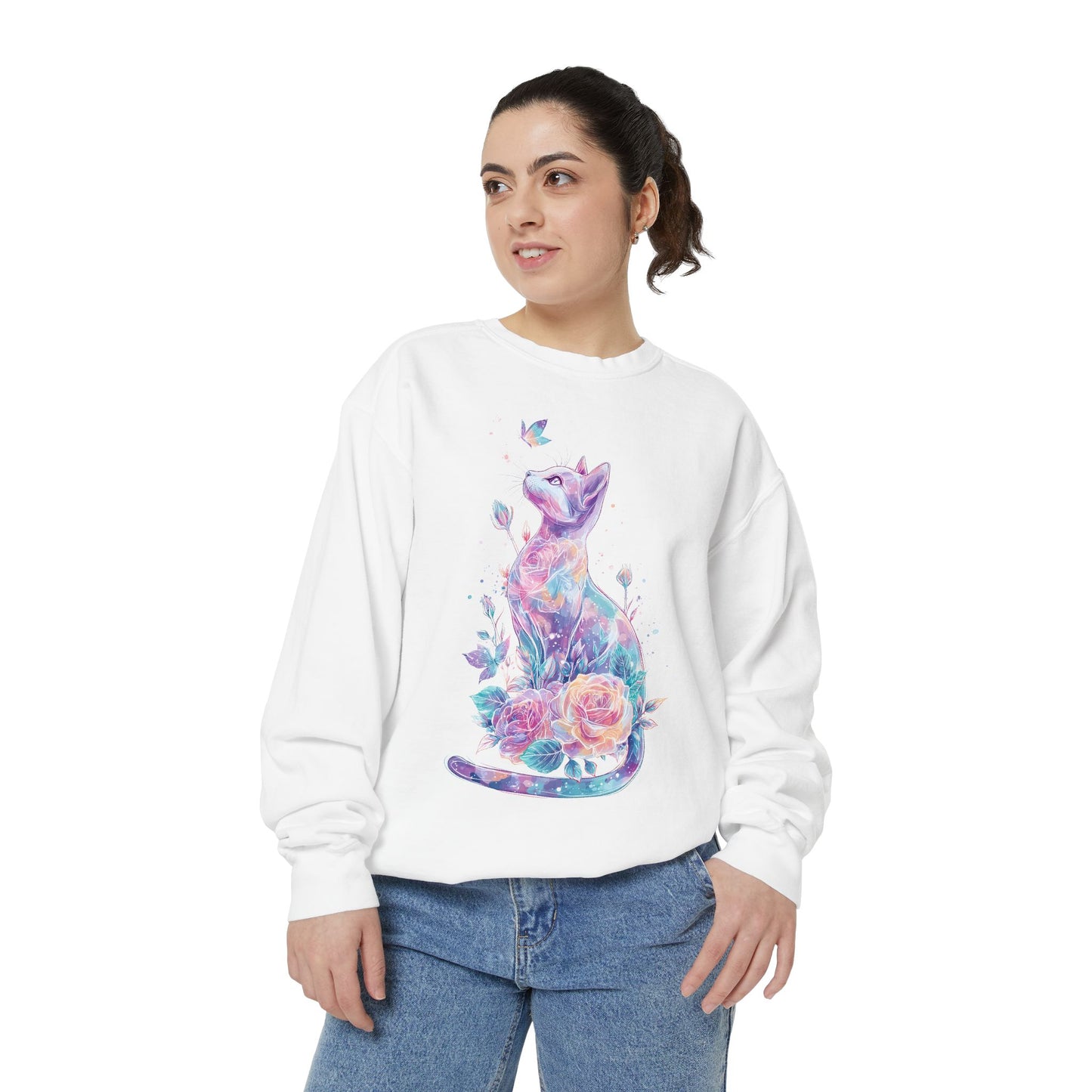 Colorful Cat Sweatshirt Comfort Colors, Galaxy Floral Cat Crewneck, Cute Cat Lover Gift, Pastel Aesthetic Pullover, Cozy Graphic Cat Jumper