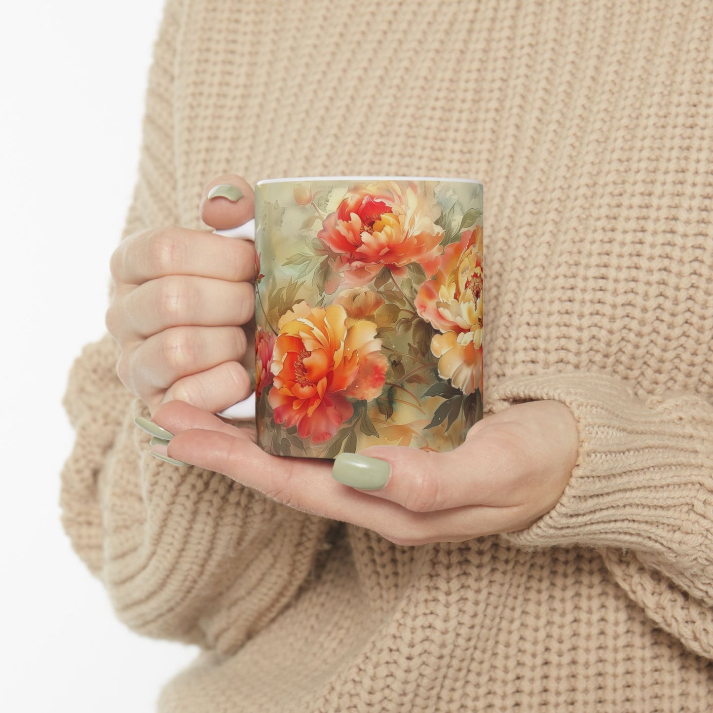 Vintage Peony Floral Mug - Elegant Flowers Watercolor Art, Design Gift for a Birthday Anniversary