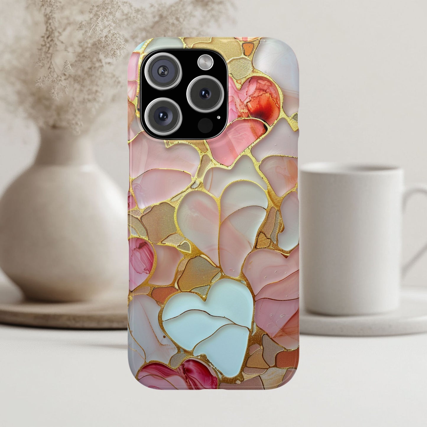 Celestial Stained Glass iPhone case for 17, 16, 15 Marble Heart Case Pink Phone Cover Shiny Gold Case Valentine Gift