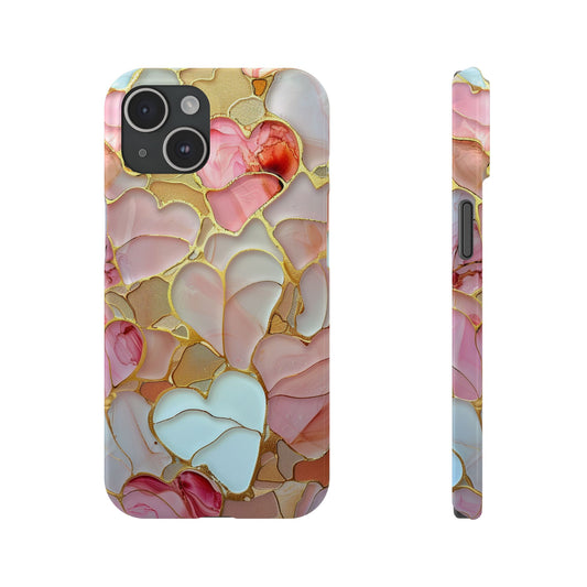 Celestial Stained Glass iPhone case for 17, 16, 15 Marble Heart Case Pink Phone Cover Shiny Gold Case Valentine Gift