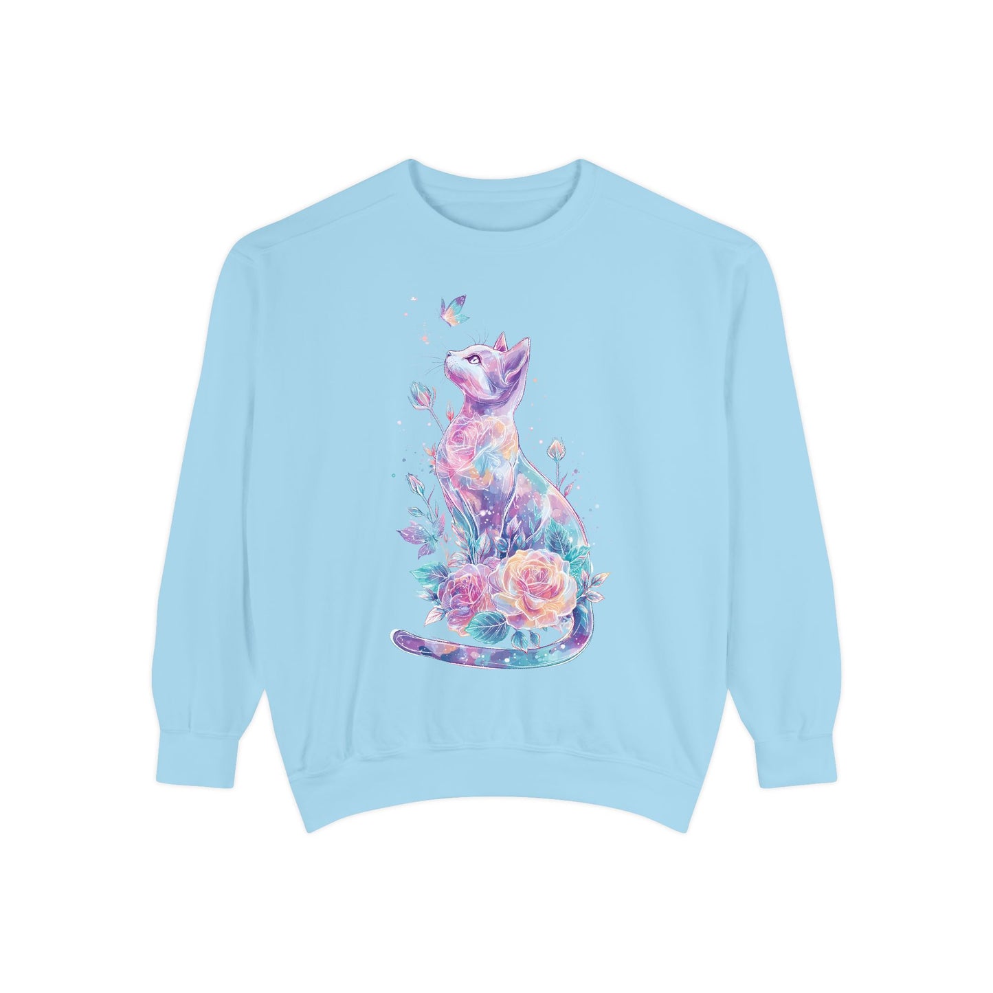 Colorful Cat Sweatshirt Comfort Colors, Galaxy Floral Cat Crewneck, Cute Cat Lover Gift, Pastel Aesthetic Pullover, Cozy Graphic Cat Jumper