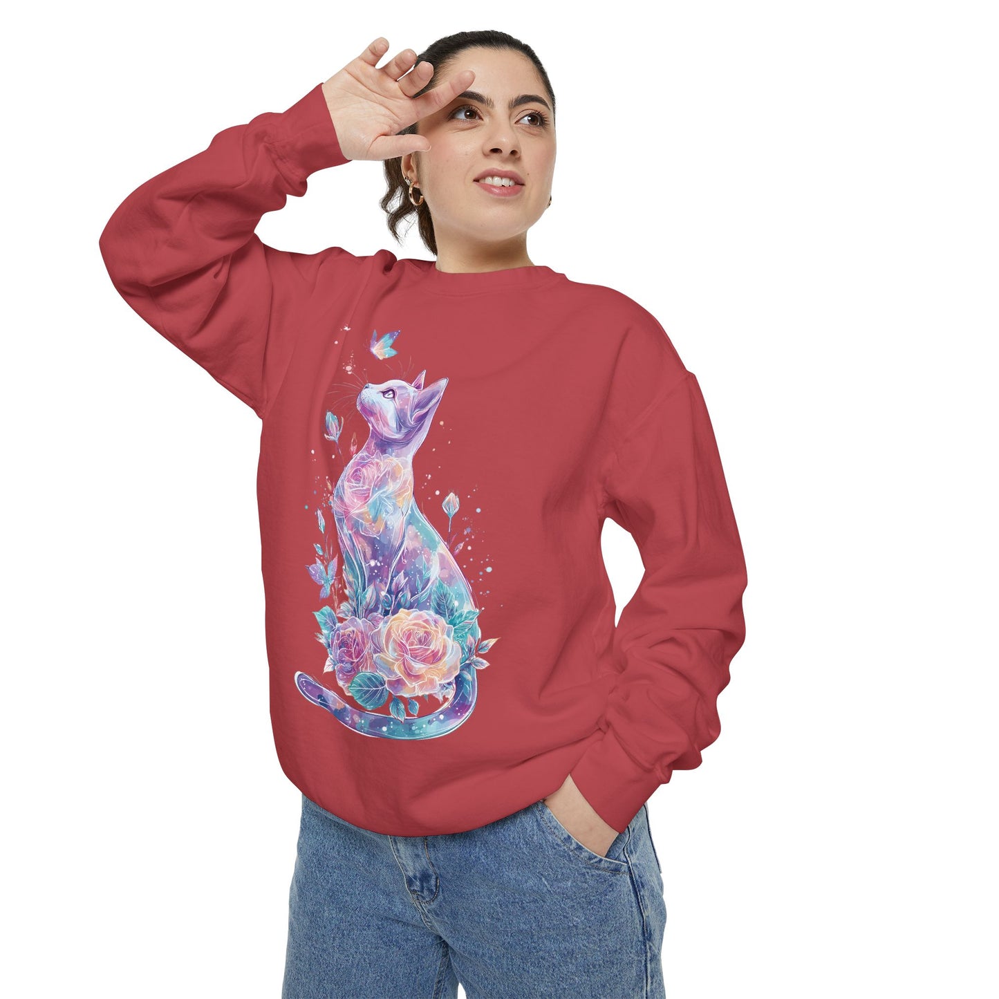 Colorful Cat Sweatshirt Comfort Colors, Galaxy Floral Cat Crewneck, Cute Cat Lover Gift, Pastel Aesthetic Pullover, Cozy Graphic Cat Jumper