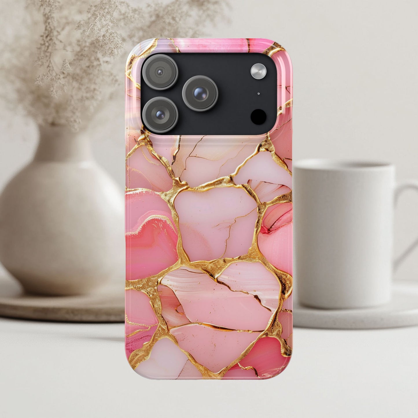 Celestial Stained Glass iPhone case for 17, 16, 15, Marble Case Pink Phone Cover Shiny Gold Case