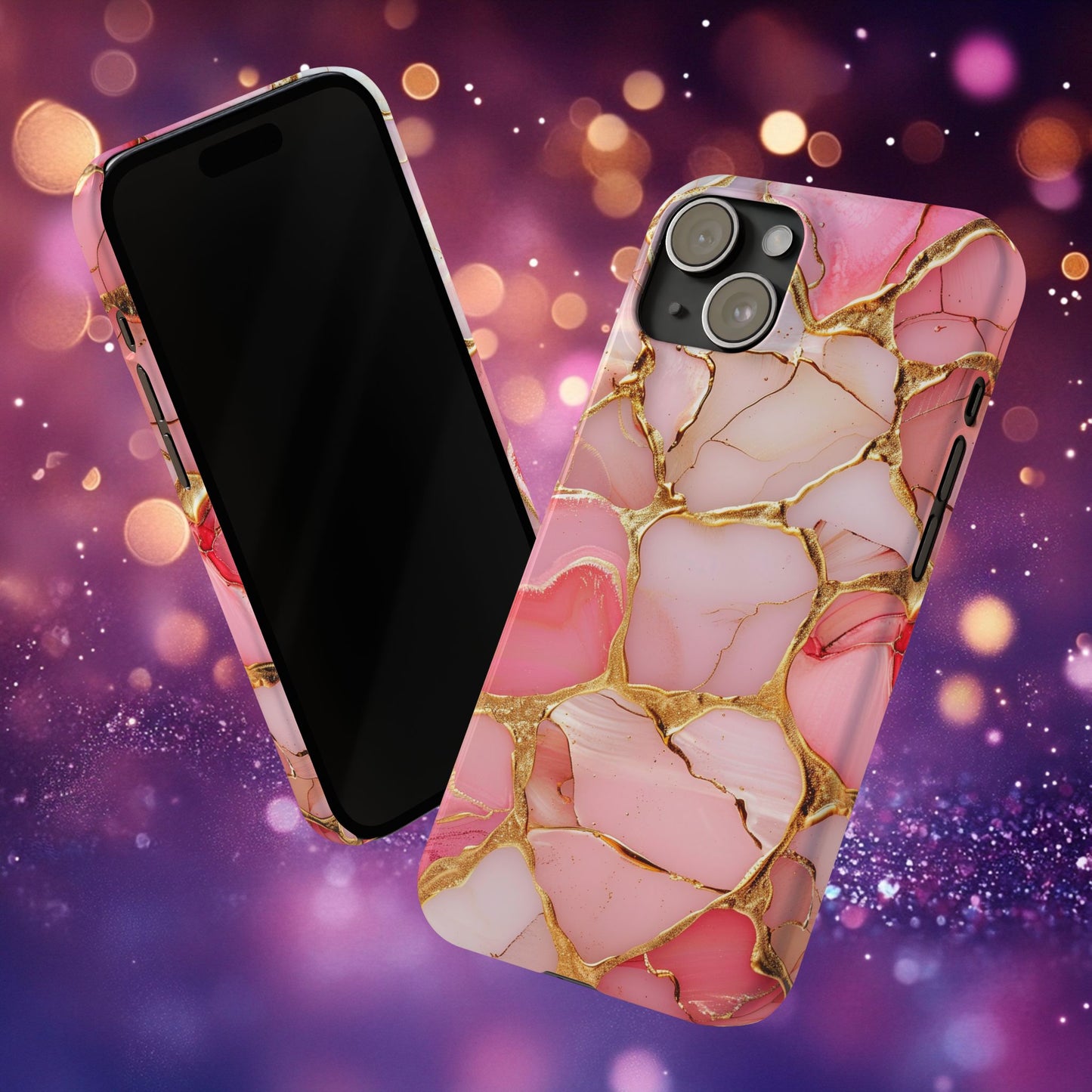 Celestial Stained Glass iPhone case for 17, 16, 15, Marble Case Pink Phone Cover Shiny Gold Case