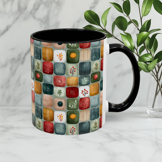Boho Coffee Mug - Folk Art Flower Pattern Ceramic Cup, Nature Tile Design, Cozy Vibes, Tribal Grid Layout, Gift for Her, Unique Cottagecore Mug