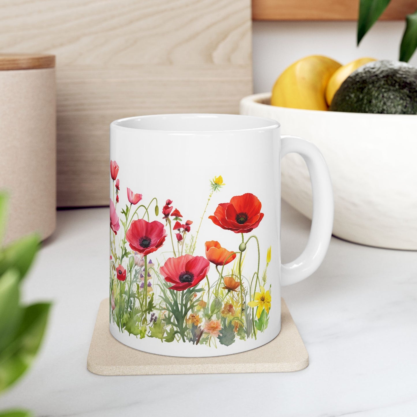 Poppy Meadow Ceramic Mug - Red Floral Coffee Cup, Nature Lover Mug, Botanical Drinkware, Mothers Day Gift for Mom, Kitchen Decor