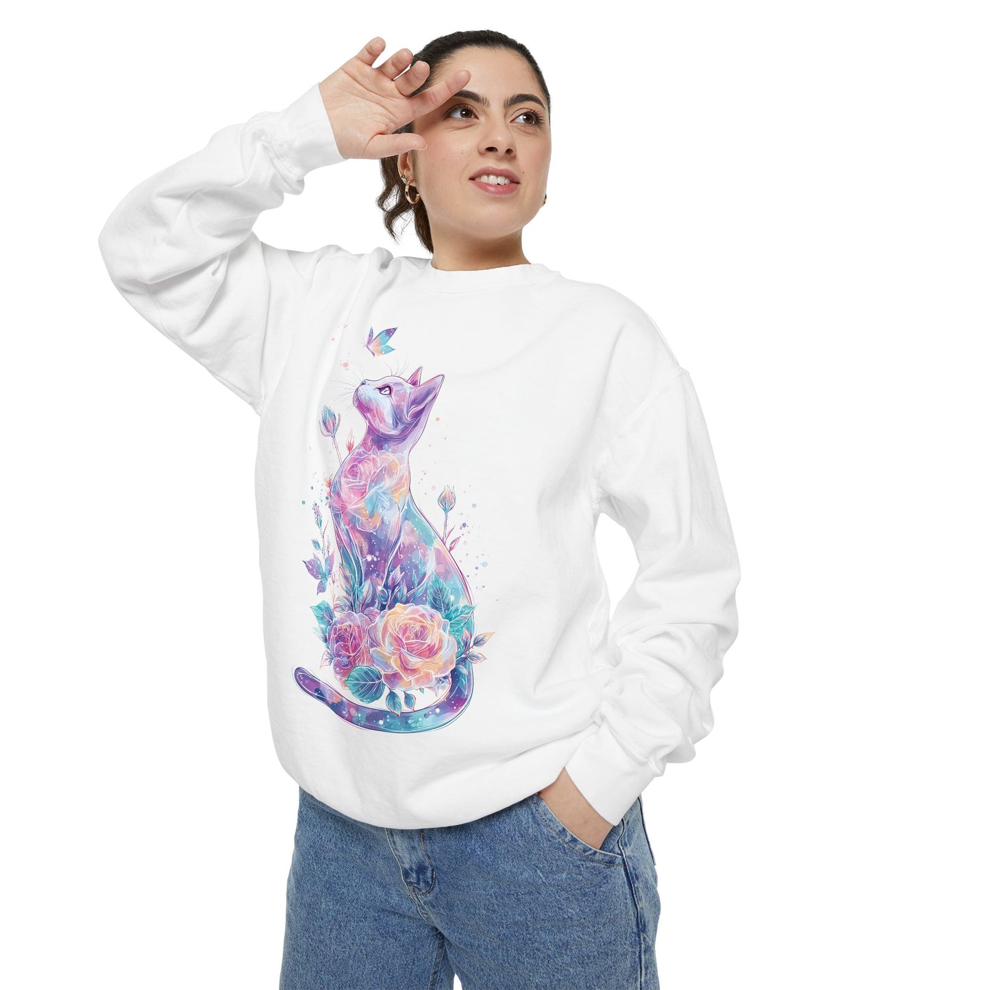 Colorful Cat Sweatshirt Comfort Colors, Galaxy Floral Cat Crewneck, Cute Cat Lover Gift, Pastel Aesthetic Pullover, Cozy Graphic Cat Jumper