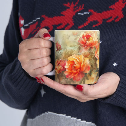 Vintage Peony Floral Mug - Elegant Flowers Watercolor Art, Design Gift for a Birthday Anniversary