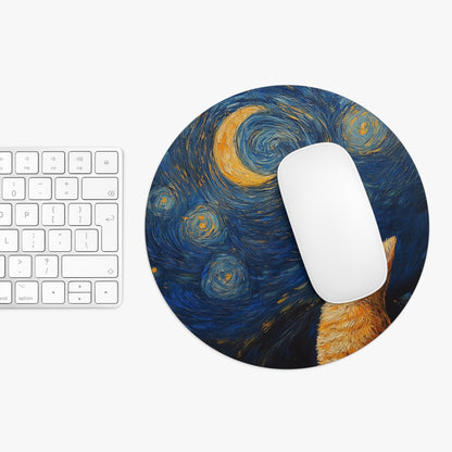 Portable Mouse Pad- Whimsical Cat Moon Art Cat, Office PC Accessory Computer Mouse Pad