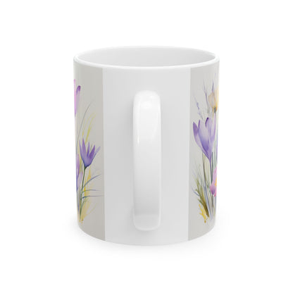Spring Crocus Mug - Bloom Crocuses Floral Coffee Mug, Purple Pink Flowers Mug for Her, Botanical Tea Cup