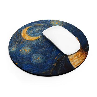 Portable Mouse Pad- Whimsical Cat Moon Art Cat, Office PC Accessory Computer Mouse Pad