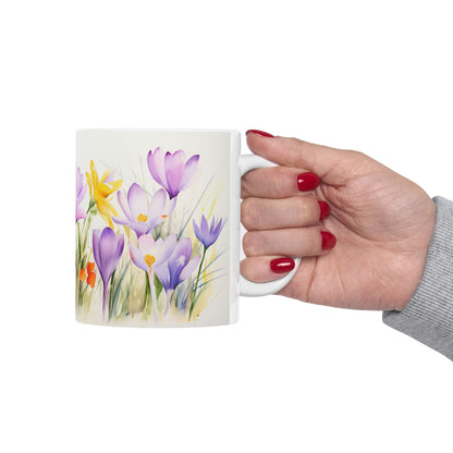 Spring Crocus Mug - Bloom Crocuses Floral Coffee Mug, Purple Pink Flowers Mug for Her, Botanical Tea Cup