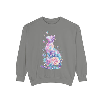 Colorful Cat Sweatshirt Comfort Colors, Galaxy Floral Cat Crewneck, Cute Cat Lover Gift, Pastel Aesthetic Pullover, Cozy Graphic Cat Jumper