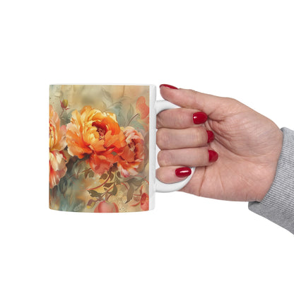 Vintage Peony Floral Mug - Elegant Flowers Watercolor Art, Design Gift for a Birthday Anniversary