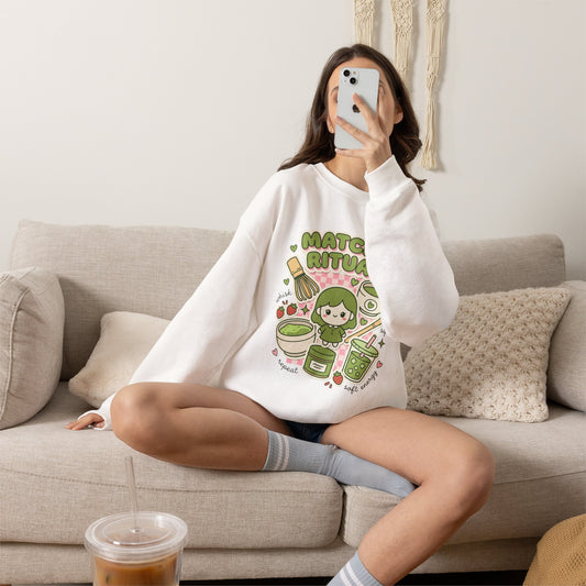 Matcha Ritual Crewneck Sweatshirt | Matcha Aesthetic, Café Girl Graphic