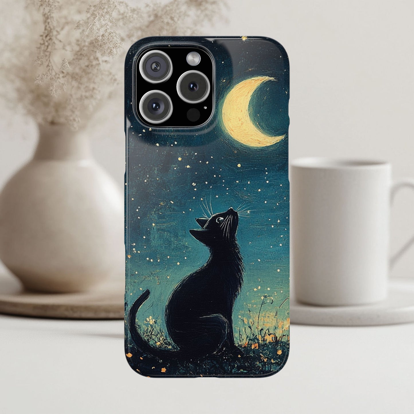 Black Cat iPhone Case for Iphone 17, 16, 15, Cover Starry Night Case Moon and Stars Phone Case Birthday Gift for Cat Lovers Cat Mom