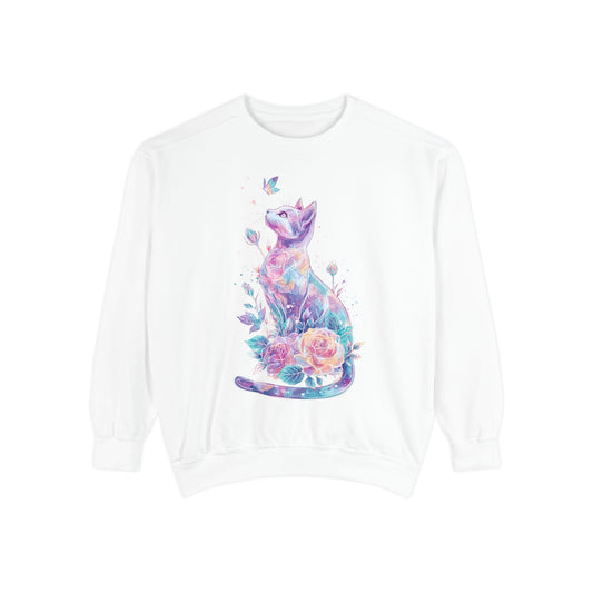 Colorful Cat Sweatshirt Comfort Colors, Galaxy Floral Cat Crewneck, Cute Cat Lover Gift, Pastel Aesthetic Pullover, Cozy Graphic Cat Jumper