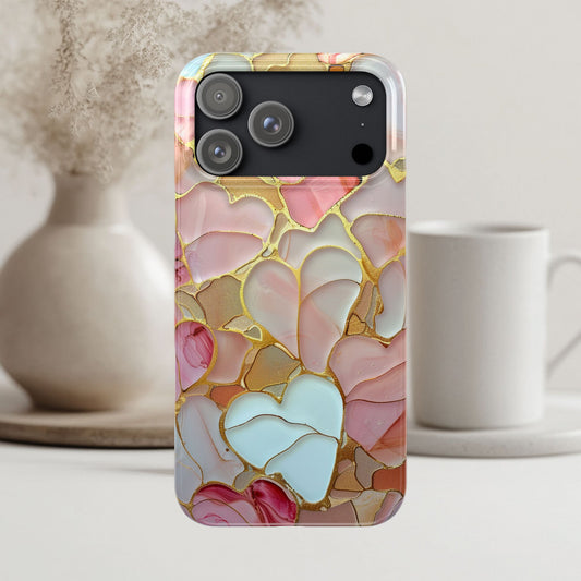 Celestial Stained Glass iPhone case for 17, 16, 15 Marble Heart Case Pink Phone Cover Shiny Gold Case Valentine Gift