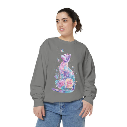 Colorful Cat Sweatshirt Comfort Colors, Galaxy Floral Cat Crewneck, Cute Cat Lover Gift, Pastel Aesthetic Pullover, Cozy Graphic Cat Jumper