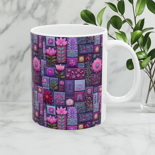 Pink Cottagecore Mug - Floral Pattern Ceramic Folk Art Coffee Mug