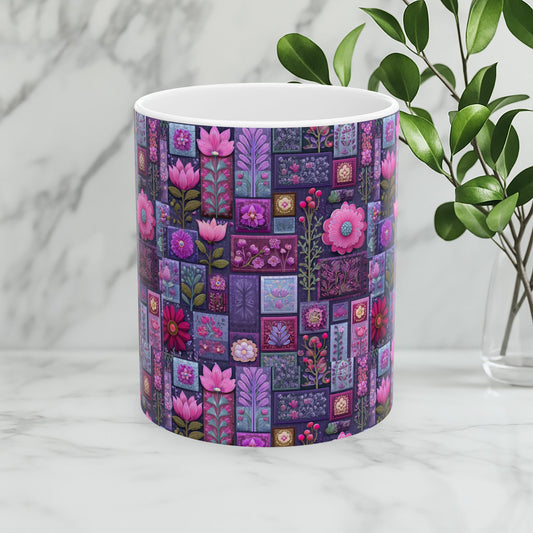 Pink Cottagecore Mug - Floral Pattern Ceramic Folk Art Coffee Mug