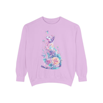 Colorful Cat Sweatshirt Comfort Colors, Galaxy Floral Cat Crewneck, Cute Cat Lover Gift, Pastel Aesthetic Pullover, Cozy Graphic Cat Jumper