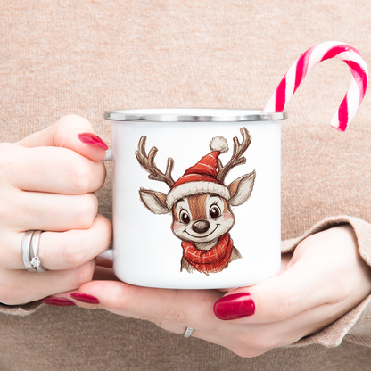 Christmas Enamel Mug with Reindeer - Gift for Family, Camping Accessories for Travel