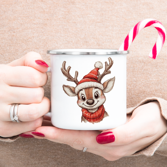 Christmas Enamel Mug with Reindeer - Gift for Family, Camping Accessories for Travel