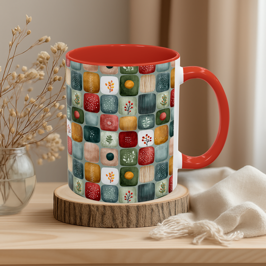 Boho Coffee Mug - Folk Art Flower Pattern Ceramic Cup, Nature Tile Design, Cozy Vibes, Tribal Grid Layout, Gift for Her, Unique Cottagecore Mug