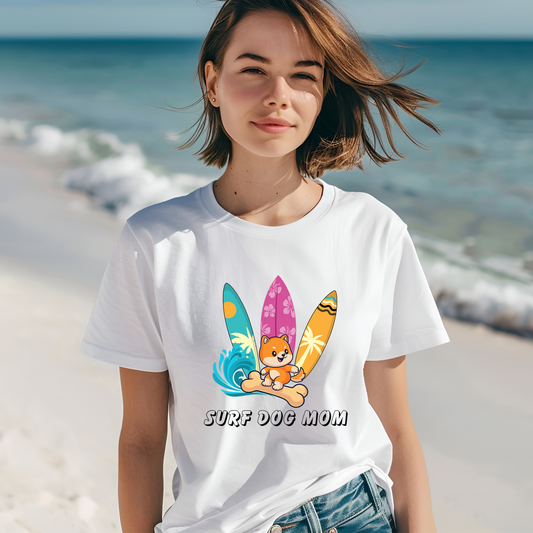 Dog Mom T-Shirt - Summer Beach Shirt for Dog Mom Surfing Gifts, Cute Dog Surfing Graphic Tee, Summer Beach Fashion