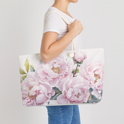 Large Floral Weekender Bag, Shoulder Bag for Women, Summer Travel Tote, Gift for Her Shopping Tote Bag with Pink Peonies Beach Bag for Bride