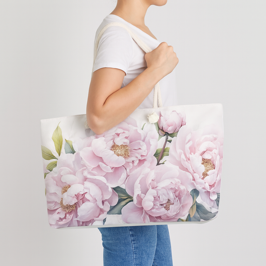 Large Floral Weekender Bag, Shoulder Bag for Women, Summer Travel Tote, Gift for Her Shopping Tote Bag with Pink Peonies Beach Bag for Bride