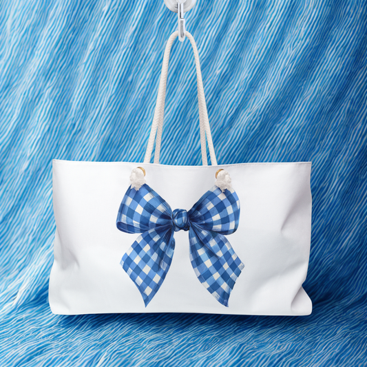 Chic Blue Gingham Bow Weekender Bag, Stylish Shoulder Bag, Perfect for Weekend Beach Gift for Wife, Gym Tote Bag