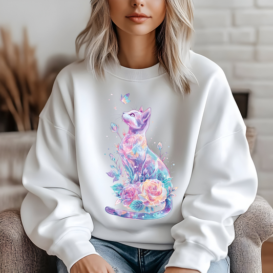 Colorful Cat Sweatshirt Comfort Colors, Galaxy Floral Cat Crewneck, Cute Cat Lover Gift, Pastel Aesthetic Pullover, Cozy Graphic Cat Jumper
