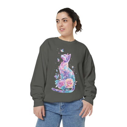 Colorful Cat Sweatshirt Comfort Colors, Galaxy Floral Cat Crewneck, Cute Cat Lover Gift, Pastel Aesthetic Pullover, Cozy Graphic Cat Jumper