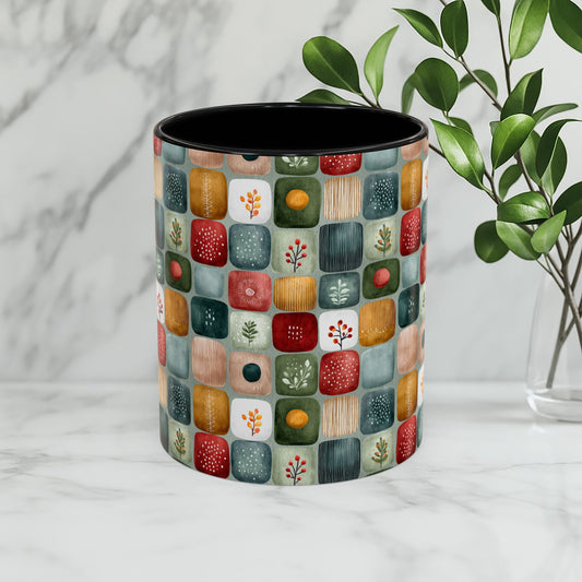 Boho Coffee Mug - Folk Art Flower Pattern Ceramic Cup, Nature Tile Design, Cozy Vibes, Tribal Grid Layout, Gift for Her, Unique Cottagecore Mug