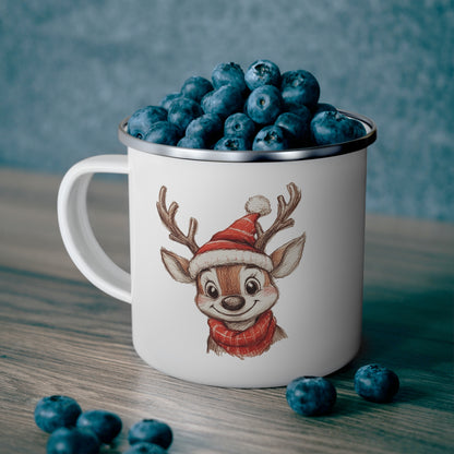 Christmas Enamel Mug with Reindeer - Gift for Family, Camping Accessories for Travel