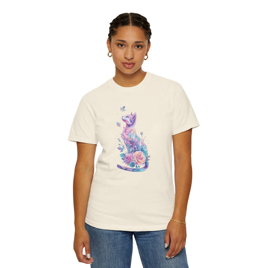Whimsical Cat Floral T-Shirt Comfort Colors® - Cute Cat Tee, Gift for Cat Lovers, Unique Animal Art, Girly Everyday Wear for Her